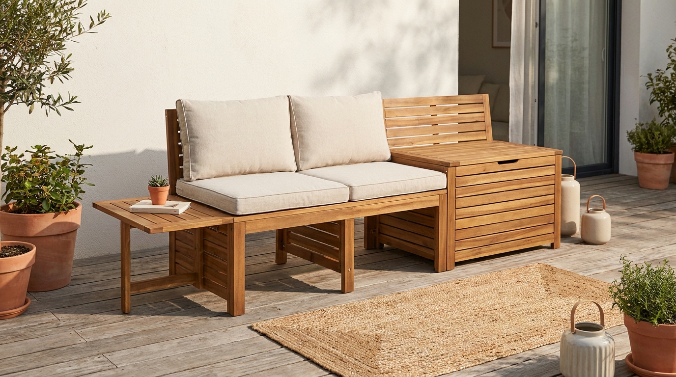 découvrez le meuble multifonction en acacia d'ikea, parfait pour transformer votre terrasse : coffre, banc et table tout-en-un à moins de 100 €. pratique et élégant pour votre espace extérieur.