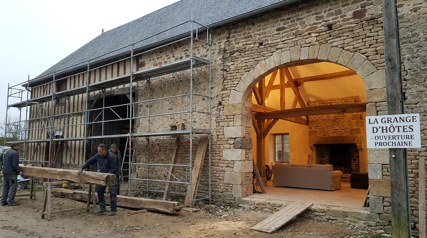 d&eacute;couvrez la transformation d'une vieille grange &agrave; harcourt en une maison d'h&ocirc;te authentique, alliant charme d'antan et savoir-faire ancestraux pour un s&eacute;jour unique.