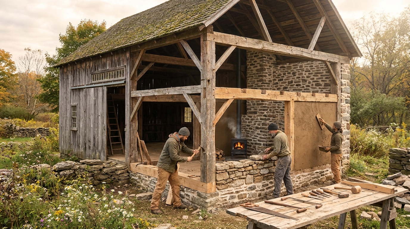 d&eacute;couvrez comment une vieille grange &agrave; harcourt a &eacute;t&eacute; transform&eacute;e en une maison d'h&ocirc;te authentique en utilisant des savoir-faire ancestraux, alliant charme traditionnel et confort moderne.