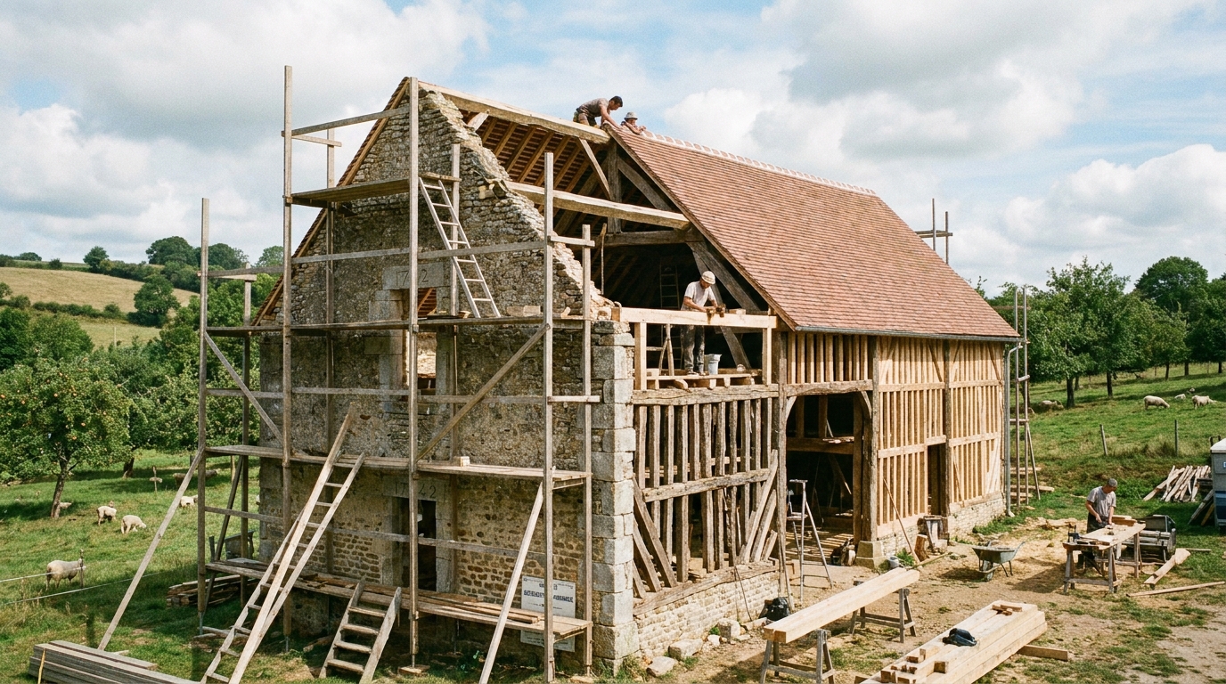 d&eacute;couvrez la transformation authentique d'une vieille grange &agrave; harcourt en une maison d'h&ocirc;te chaleureuse, r&eacute;alis&eacute;e gr&acirc;ce aux savoir-faire ancestraux et un respect profond du patrimoine.