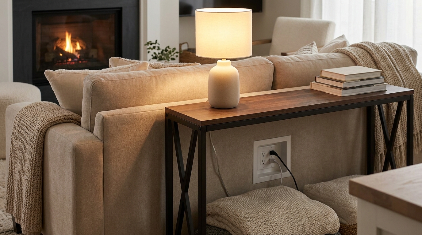découvrez comment une console étroite placée derrière un canapé peut transformer votre espace, avec une lampe élégante et une surprise inattendue dès le premier apéro.