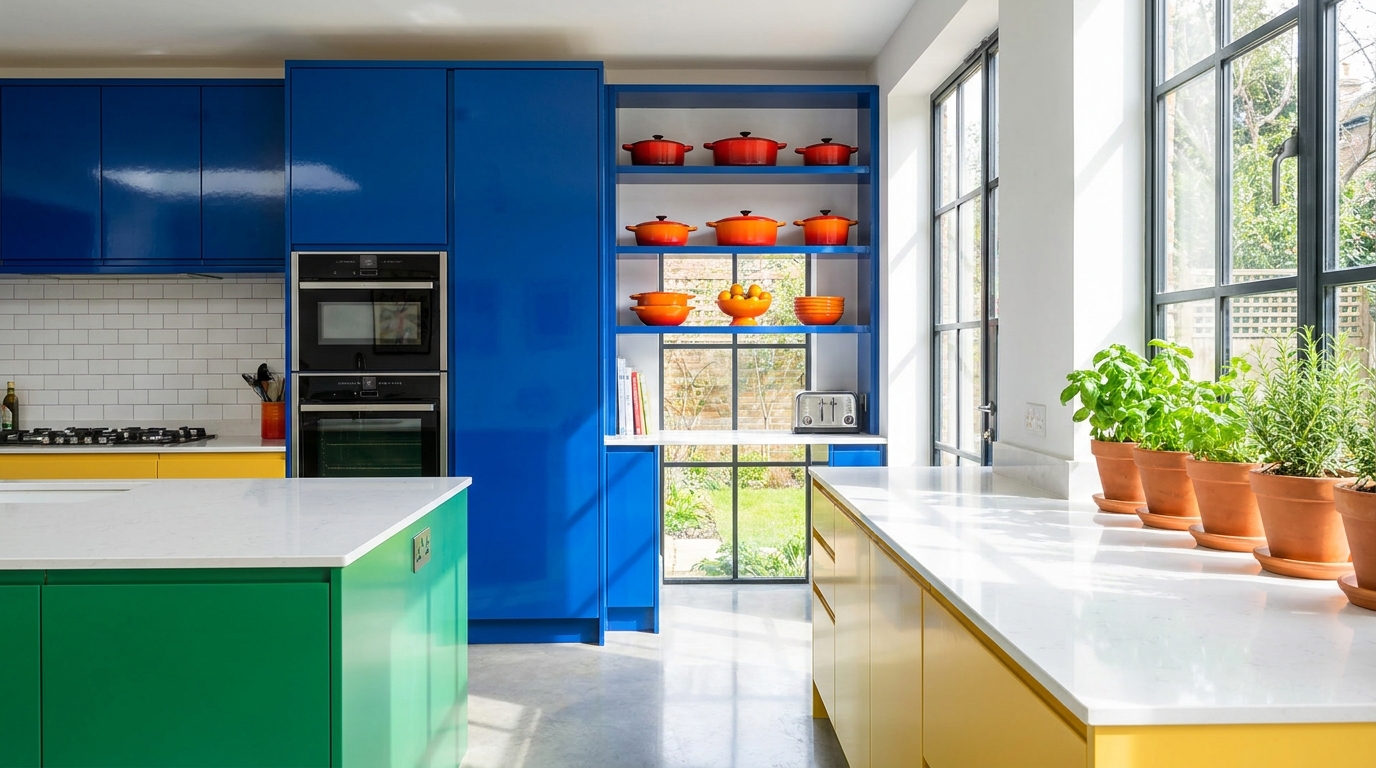 d&eacute;couvrez comment la couleur transforme la cuisine en une tendance audacieuse, rempla&ccedil;ant le traditionnel tout-blanc pour un espace vivant et moderne.