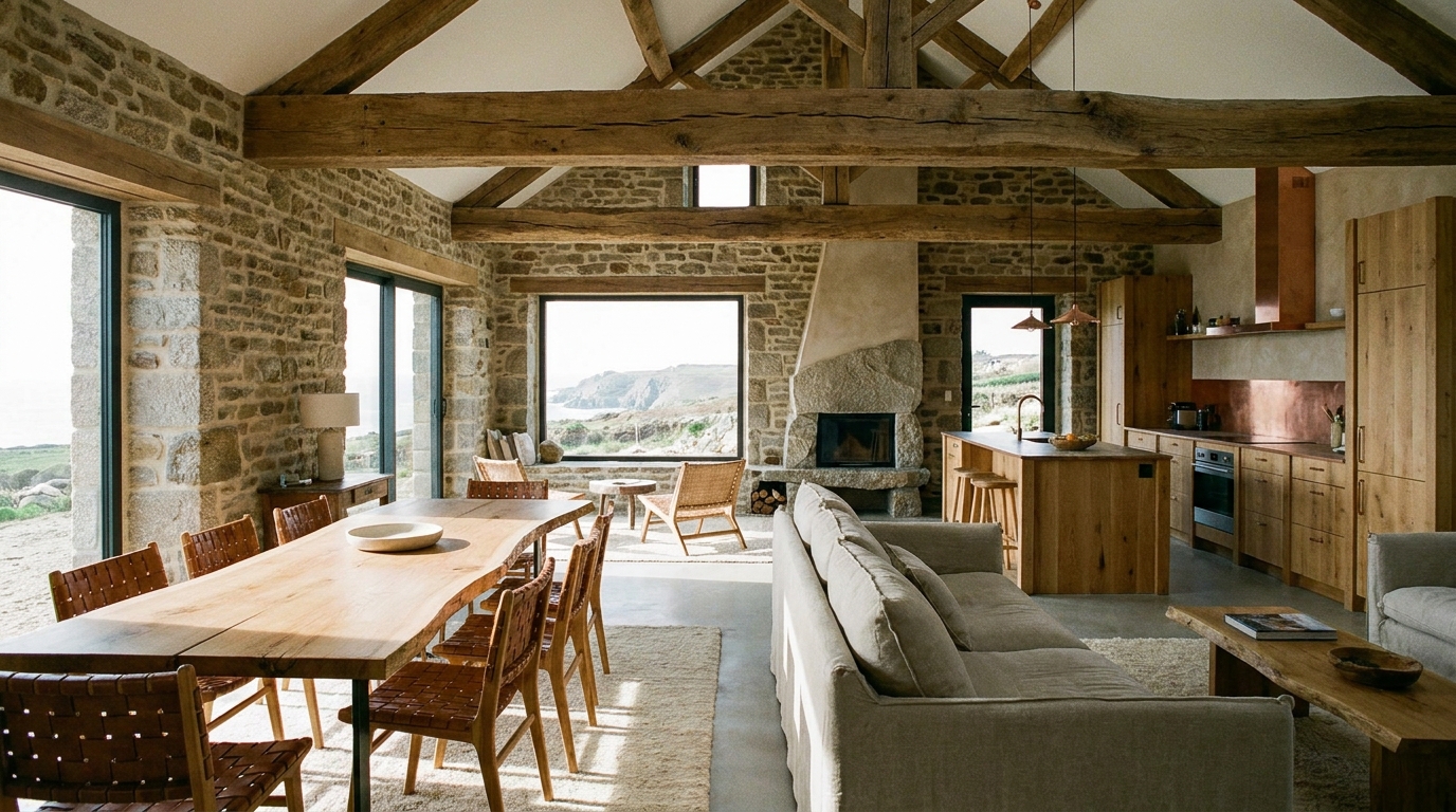 découvrez cette maison d'exception dans le finistère, entièrement rénovée avec des matériaux naturels et un mobilier sur-mesure, alliant authenticité et modernité pour un cadre de vie unique.