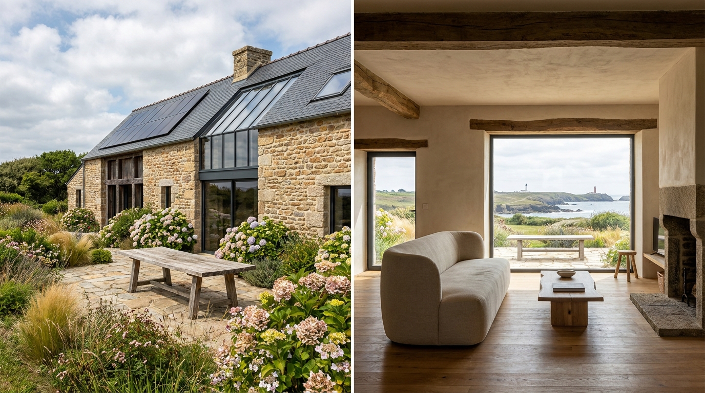 découvrez une maison d'exception dans le finistère, rénovée entièrement avec des matériaux naturels et un mobilier sur-mesure, alliant authenticité et élégance pour un cadre de vie unique.