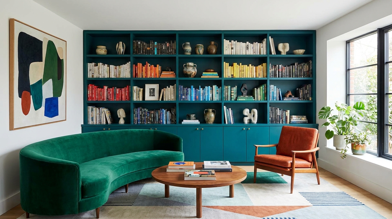 découvrez comment les designers révolutionnent le salon en 2026 en remplaçant la bibliothèque blanche immaculée par des couleurs audacieuses et modernes pour un intérieur plein de caractère.
