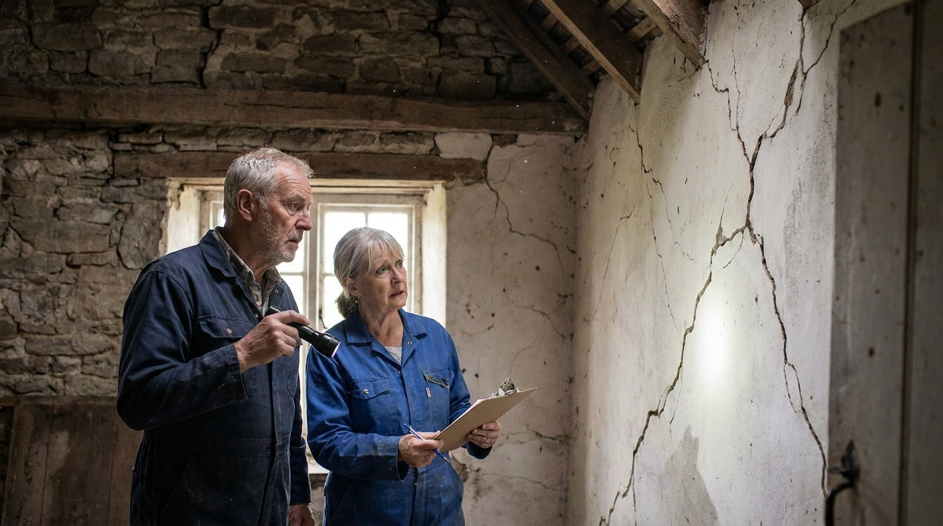 un couple achète une maison et découvre un danger imminent menaçant un effondrement spectaculaire, révélant un risque caché dans leur nouvelle demeure.